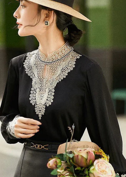 Black Stand Collar Embroidered Hollow Out Chiffon Blouse Tops Long Sleeve