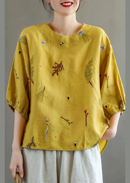 Yellow O-neck Embroidered Linen Tank Top Lantern Sleeve