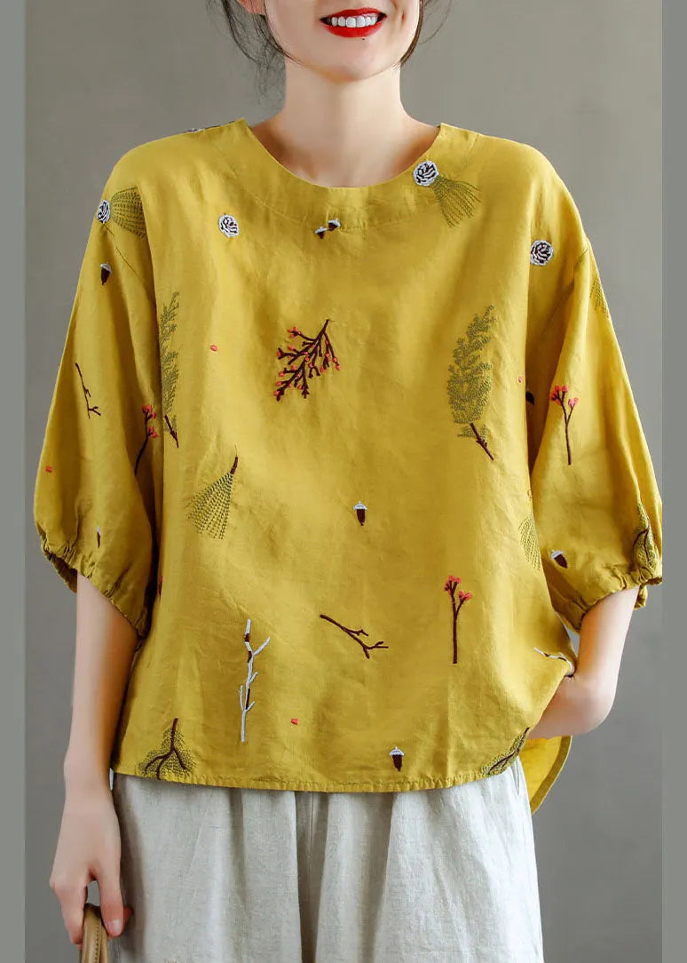 Yellow O-neck Embroidered Linen Tank Top Lantern Sleeve