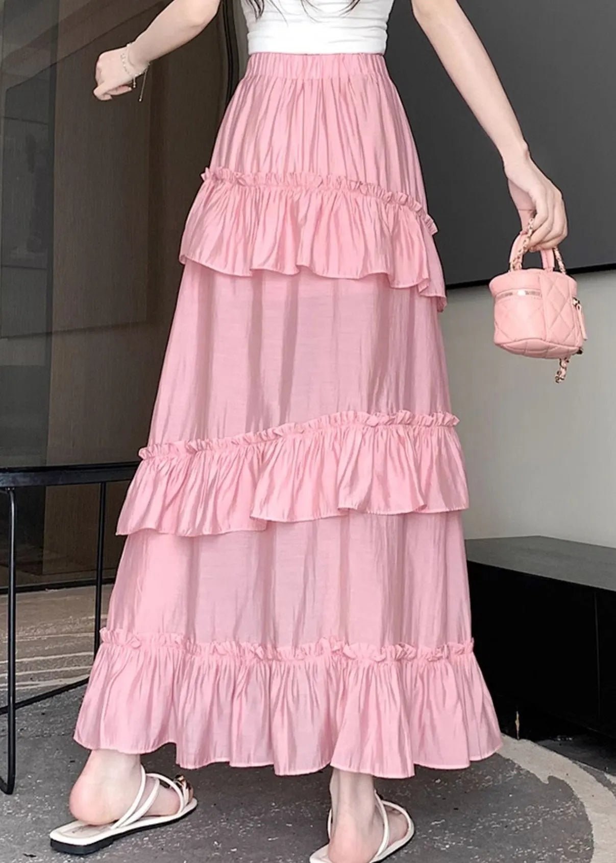 Pink Side Open Cotton Skirts Elastic Waist Summer