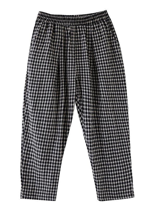 High-waist Cotton Linen Checked Harem Pants