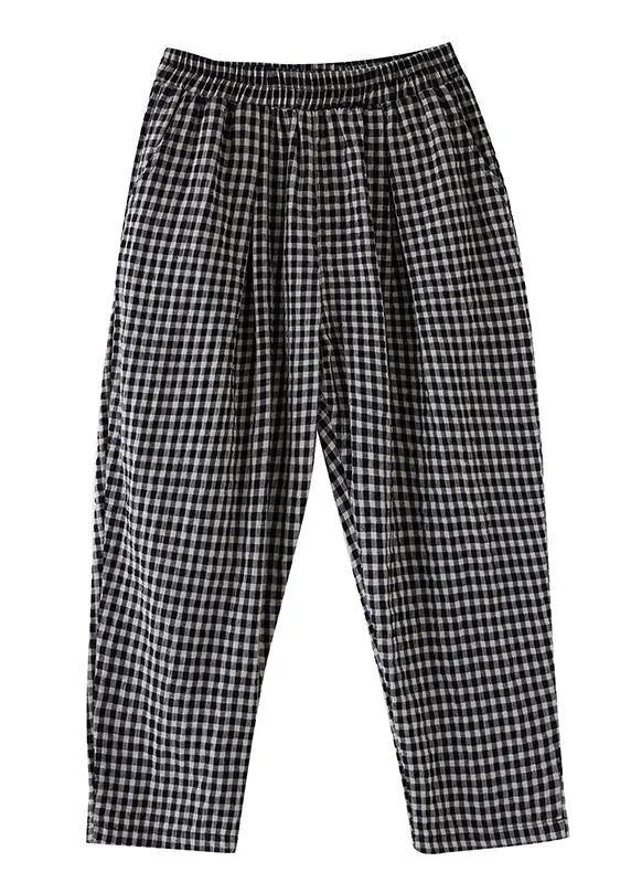 High-waist Cotton Linen Checked Harem Pants