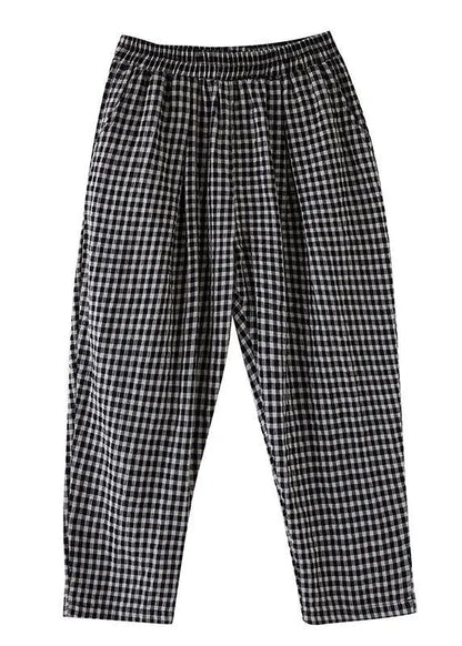 High-waist Cotton Linen Checked Harem Pants