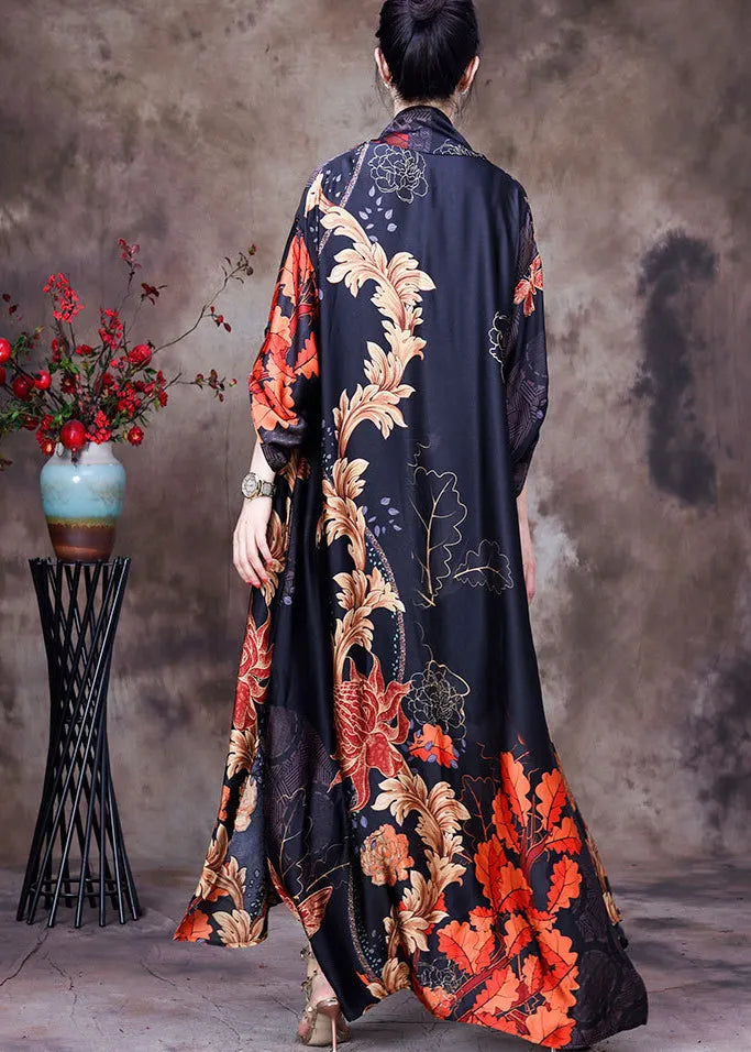 Black Print Bow Collar Side Open Silk Long Cardigan Long Sleeve
