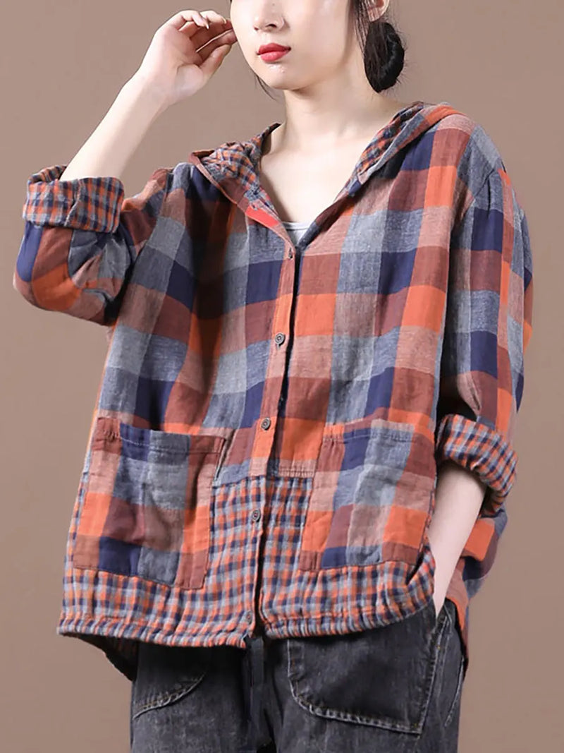Loose Stitching Drawstring Cotton Linen Hooded Blouse Shirt