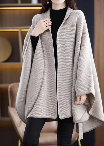 V Neck Tie Waist Patchwork Knit Loose Cardigans Cloak Sleeves