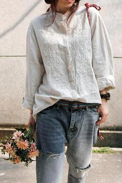 Limited Stock- Retro Embroidered Loose 100% Linen Shirt