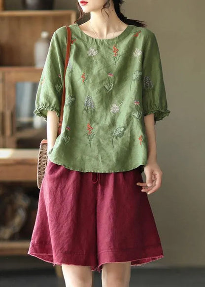 Pink O-neck Embroidered Summer Ramie Blouses Half Sleeve