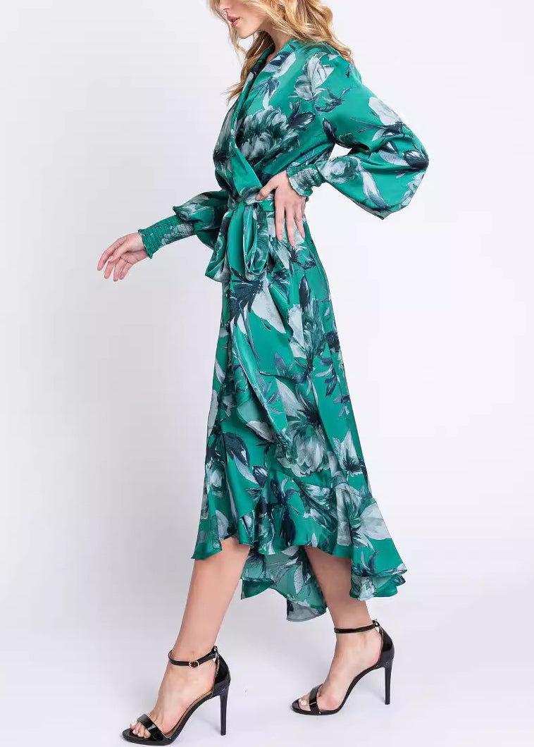 Green V Neck Print Lace Up Cotton Long Dresses Long Sleeve