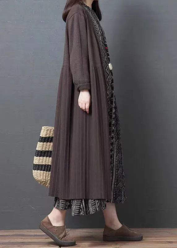 Loose Coffee Wrinkled Patchwork Knitted Long Cardigan Fall
