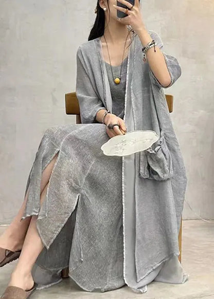 Grey Pockets Patchwork Cotton Long Cardigan Summer