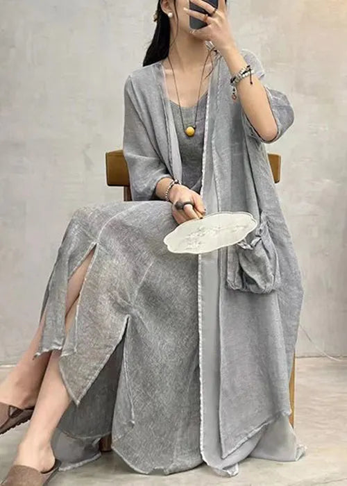 Grey Pockets Patchwork Cotton Long Cardigan Summer