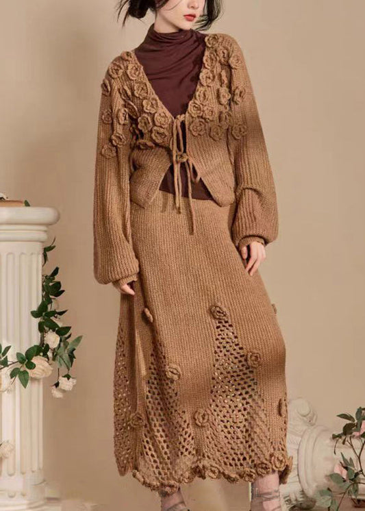 Dark Khaki Lace Up Hollow Out Knit Two Piece Set Spring