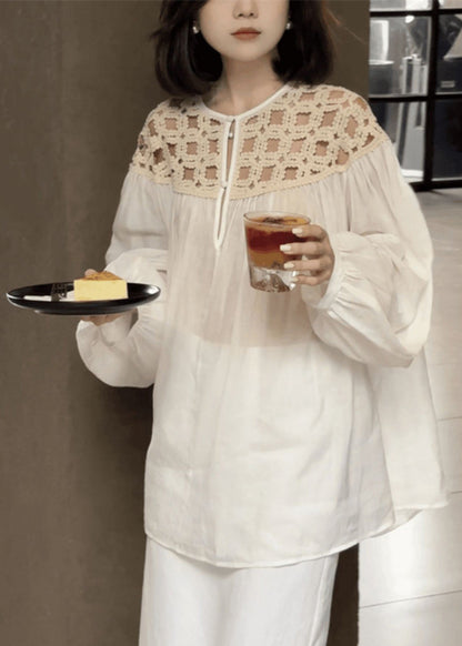 Stylish White O-neck Wrinkled Hollow Out Silk Cotto Shirts Fall