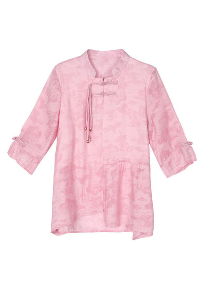 Blue Stand Collar Tasseled Patchwork Linen Shirt Summer