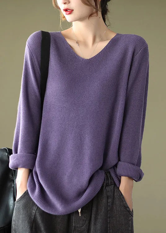 Purple V Neck Patchwork Knitting Cotton Tops Long Sleeve