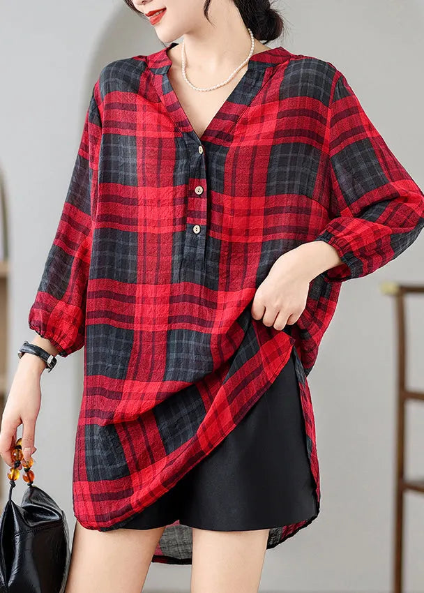 Red V Neck Plaid Linen Mid Dresses Summer