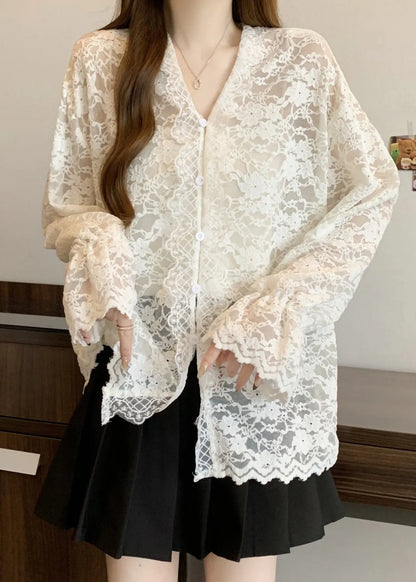 Beige V Neck Button Lace Shirt Flare Sleeve