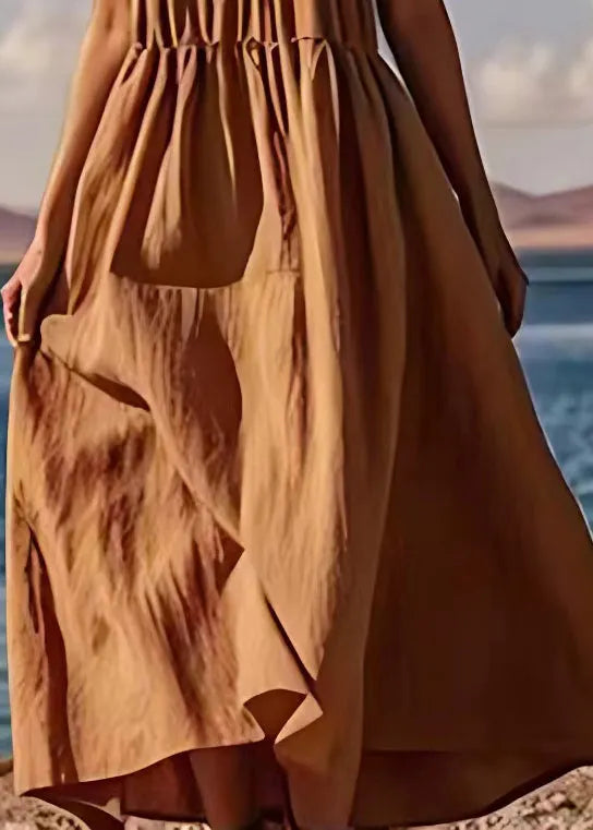 Stylish Coffee Wrinkled Cotton Spaghetti Strap Dress Summer