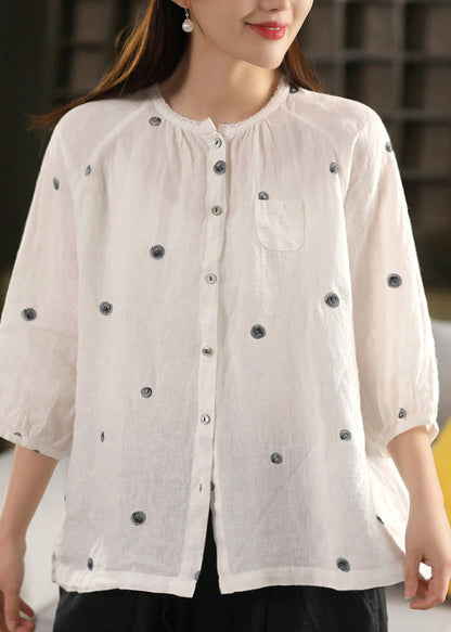 Black Embroidered Button Linen Blouse Top Summer