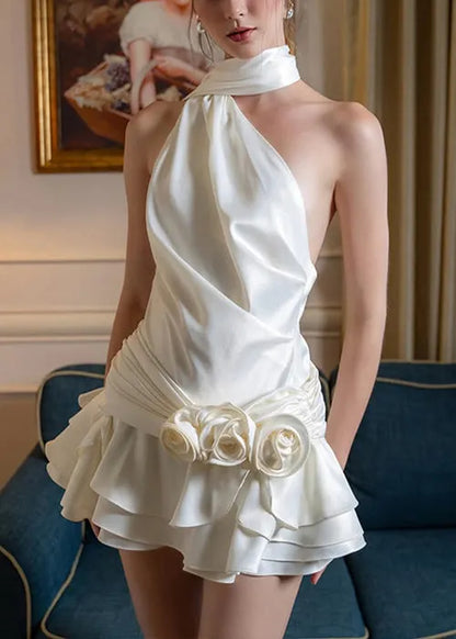 White Backless Wrinkled Silk Mid Dress Sleeveless