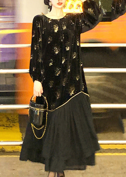 Organic Black O-neck Patchwork Sequins Silk Velvet Maxi Dress Fall