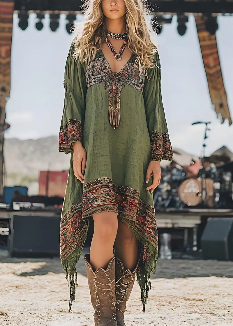 Loose Green V Neck Asymmetrical Design Print Dresses Spring