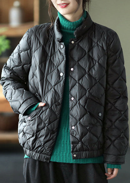 Light Green Stand Collar Pockets Button Winter Down Coat