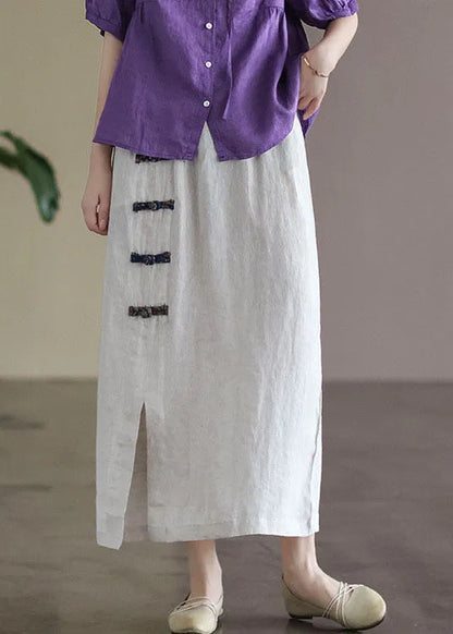 White Pockets Linen a Line Skirts High Waist Oriental Button Summer