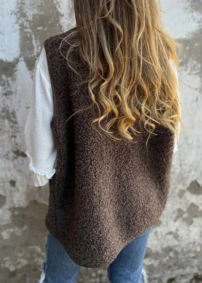 New Coffee Pockets Button Faux Fur Vest Fall