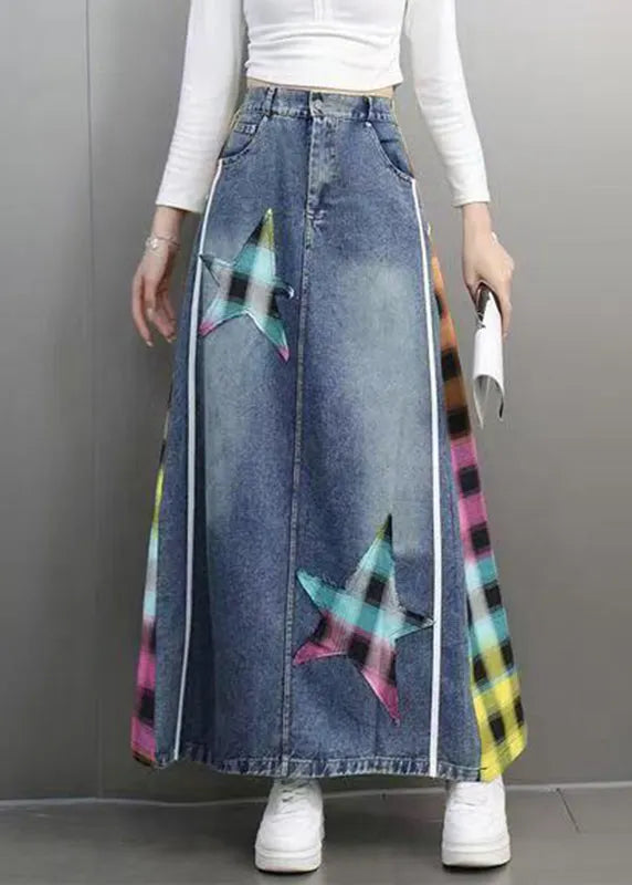 Blue Plaid Patchwork Patch Denim Maxi Skirts Spring