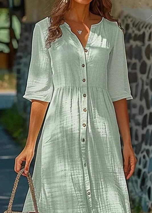 Simple Green Button Cotton Shirts Dresses Half Sleeve