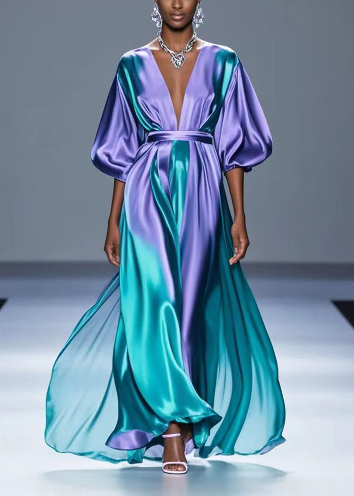 Gradient Purple V Neck Tie Dye Silk Long Dress Fall