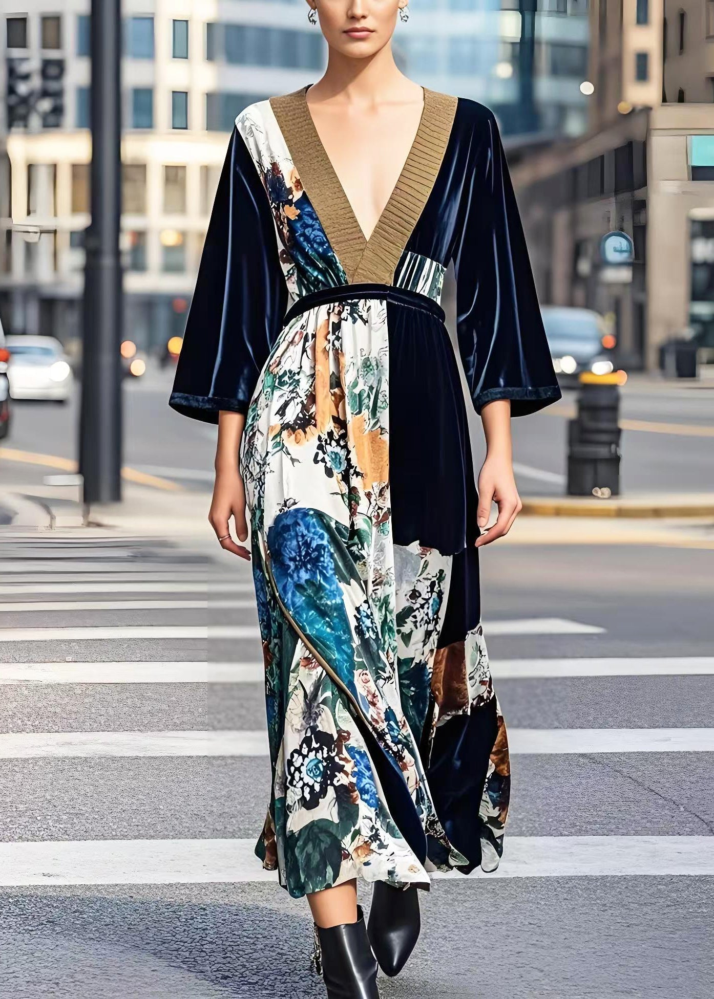 Dark V Neck Print Silk Velvet Cinched Dress Fall