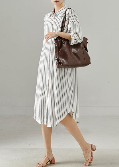 White Peter Pan Collar Striped Cotton Shirt Dresses Fall