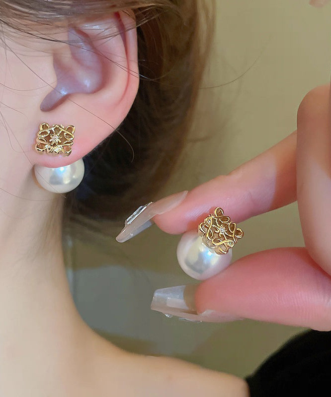 White Copper Overgild Pearl Stud Earrings