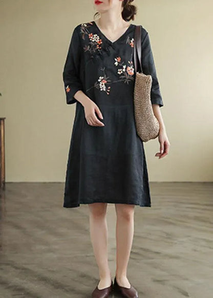 Black V Neck Embroidered Button Three Quarter Sleeve Fall Dresses