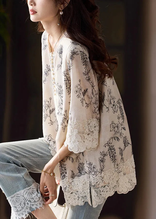 Loose Print Side Open Lace Patchwork Cotton Blouses Bracelet Sleeve
