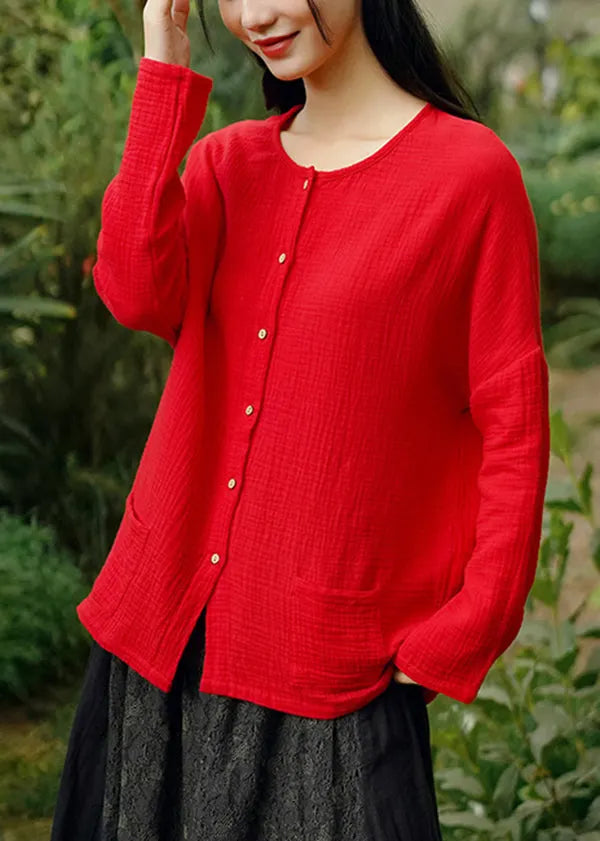 Handmade White O Neck Button Pockets Cotton Shirt Tops Spring