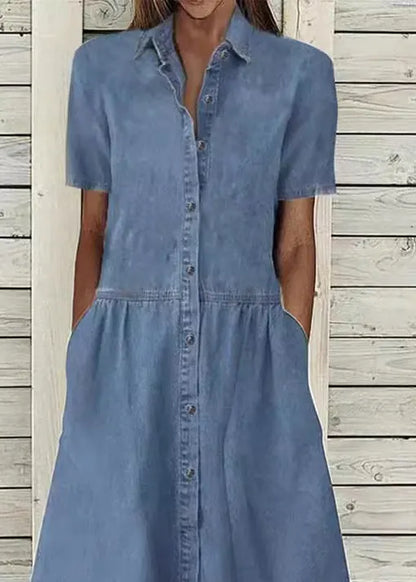 Blue Peter Pan Collar Button Denim Dress Summer