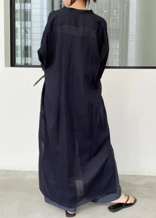 French Black Oversized Side Open Linen Shirt Dresses Spring