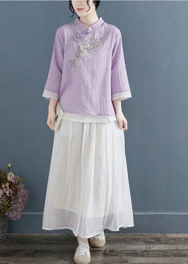 Purple Chinese Style Cotton Blouse Tops Layered Embroidered Three Quarter Sleeve