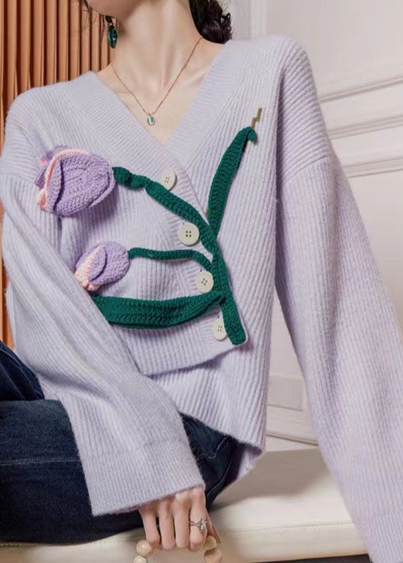 Purple Asymmetrical Button Knit Cardigan Winter