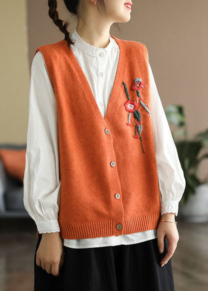 Orange V Neck Embroidered Knit Vest Spring