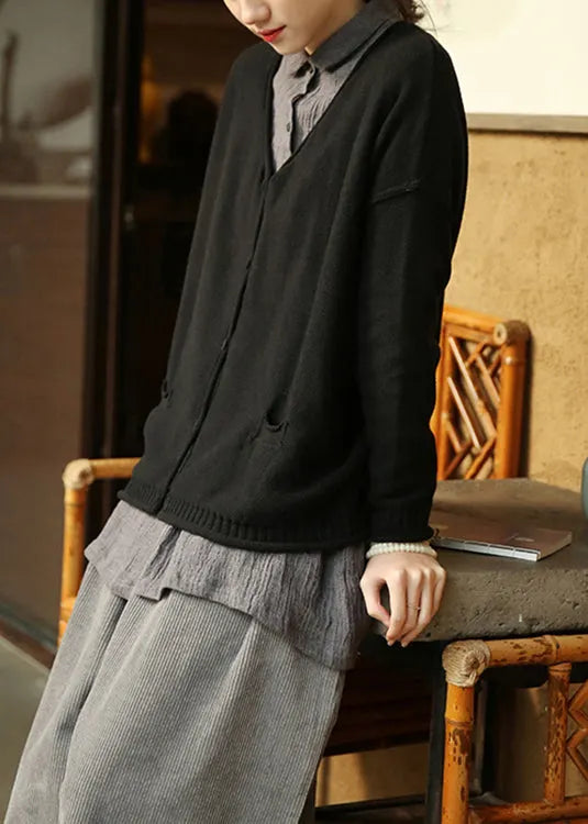 Black Button Pockets Patchwork Knit Cardigan Fall