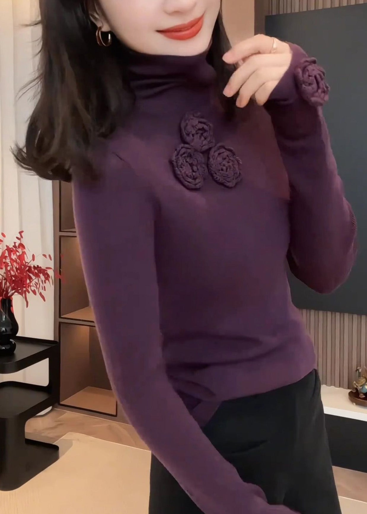 Fitted Purple Hign Neck Patchwork Knit Sweaters Fall