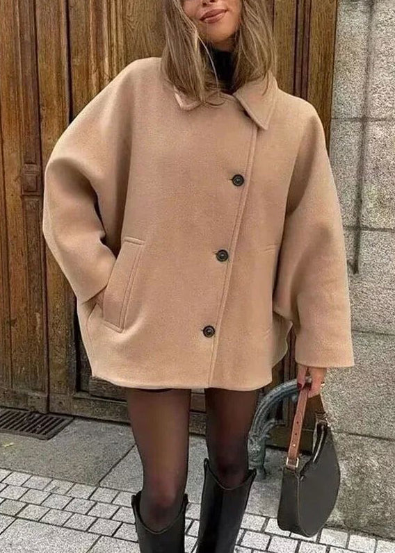 New Khaki Peter Pan Collar Pockets Patchwork Woolen Jacket Fall