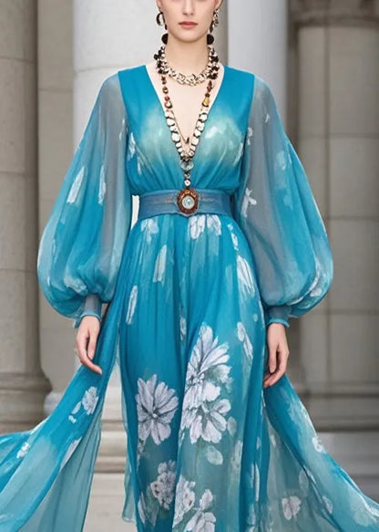 Blue Cinched Print Chiffon Robe Dresses Lantern Sleeve