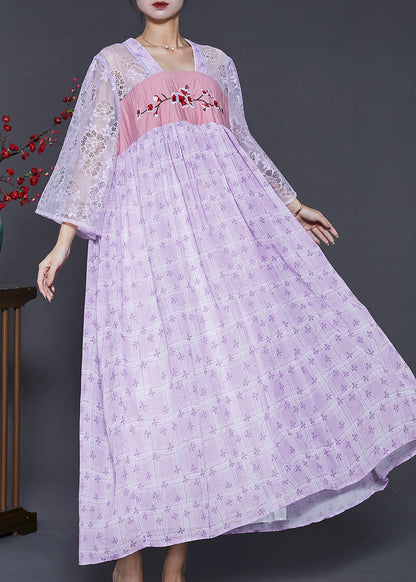 Purple Embroidered Hollow Out Chiffon Long Dress Summer