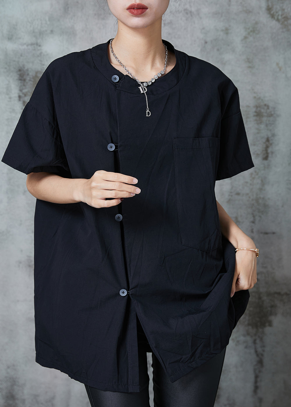 Black Oversized Pocket Cotton Shirt Tops Summer
